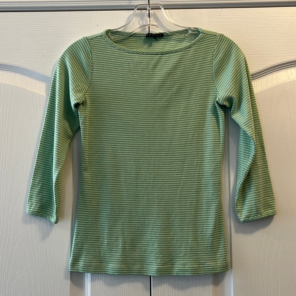 EUC Theory spring green and white striped wider crewneck 3/4 sleeve T top